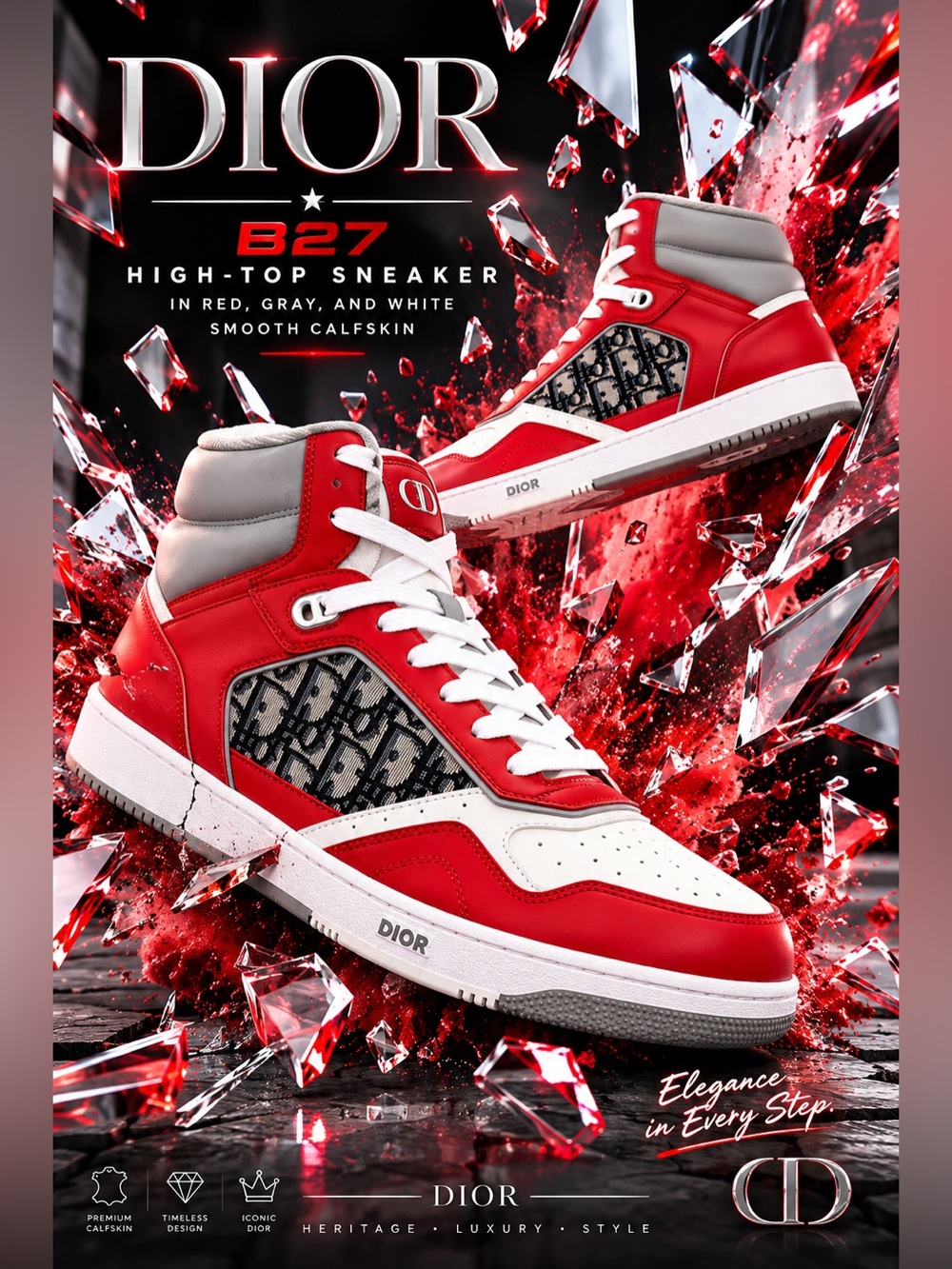 New!🔥Dior B27 High-Top Sneaker in red, gray, and white smooth calfskin!🔥